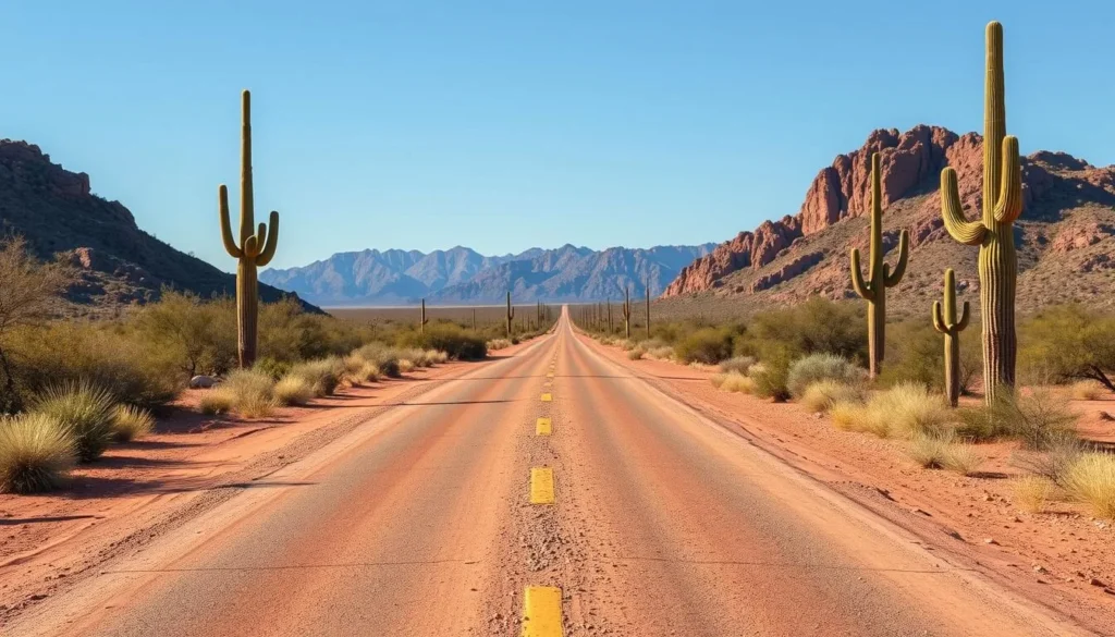 Desert road leading into Kofa National Wildlife Refuge with mountains in the background Desert road leading into Kofa National Wildlife Refuge with mountains in the background