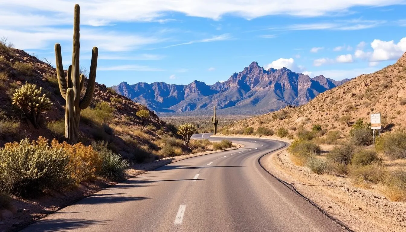 Desert road leading to Buckskin Mountain State Park with mountains in the background