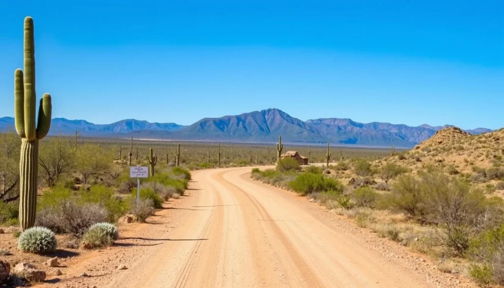 Desert road leading to Cabeza Prieta National Wildlife Refuge with mountains in the distance and desert vegetation along the roadside
