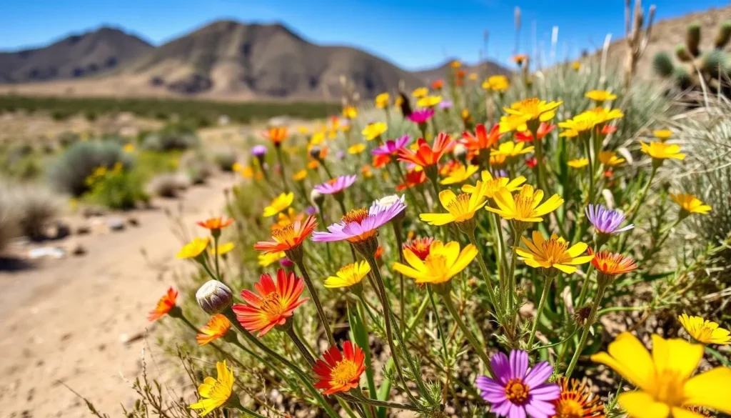 Desert wildflowers blooming along a trail in Cerrillos Hills State Park in spring