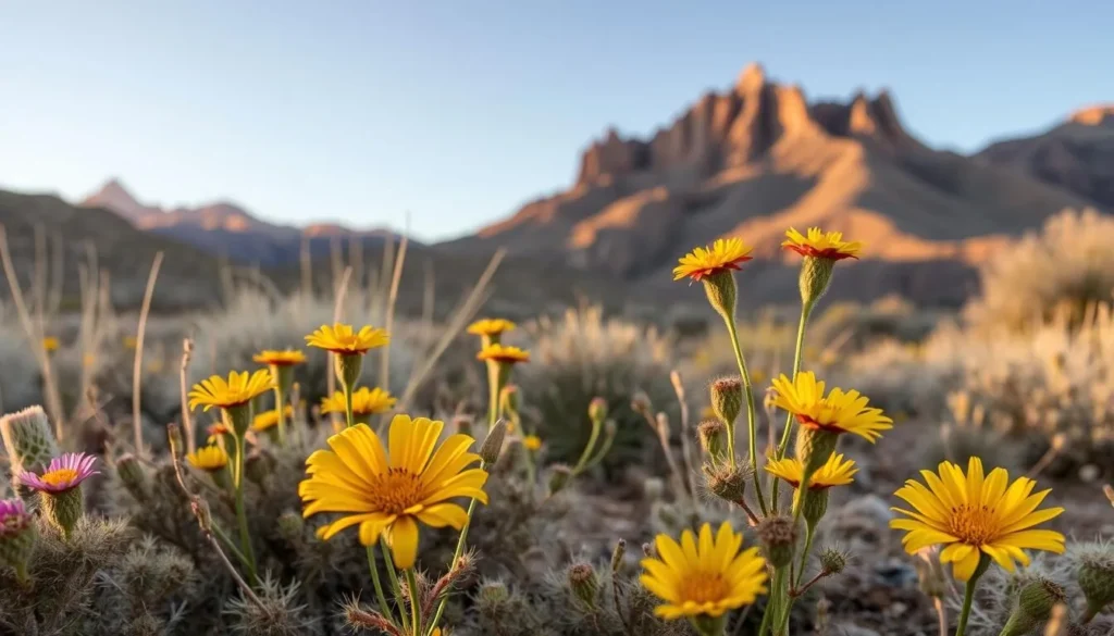 Desert wildflowers blooming at Buckskin Mountain State Park with mountains in the background