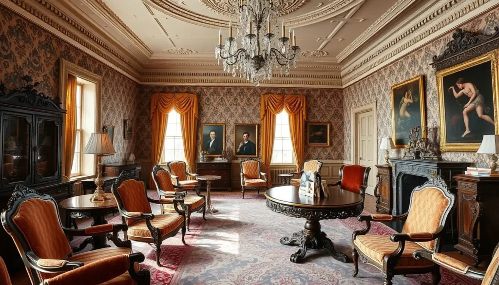 Detailed view of the ornate Victorian furniture and decor in one of the Leland Stanford Mansion's formal rooms Detailed view of the ornate Victorian furniture and decor in one of the Leland Stanford Mansion's formal rooms