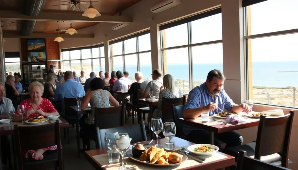 Diners enjoying a meal at a local Port Augusta restaurant with views of Spencer Gulf, highlighting culinary experiences among Port Augusta South Australia best things to do