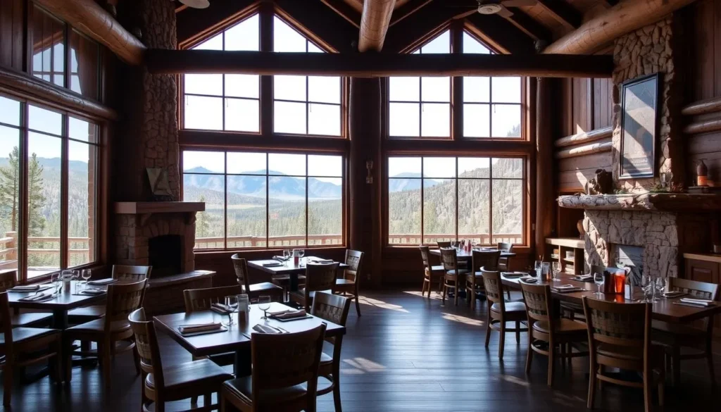 Dining area at Hualapai Mountain Resort with mountain views and rustic decor Dining area at Hualapai Mountain Resort with mountain views and rustic decor
