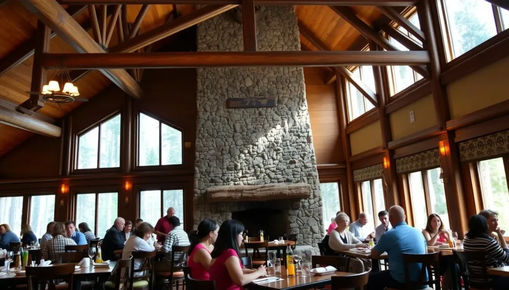 Dining room at Pere Marquette Lodge with stone fireplace and rustic decor at Pere Marquette State Park Illinois Dining room at Pere Marquette Lodge with stone fireplace and rustic decor at Pere Marquette State Park Illinois