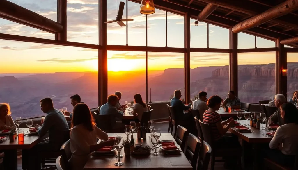Dining room with panoramic views of the Grand Canyon at sunset Dining room with panoramic views of the Grand Canyon at sunset