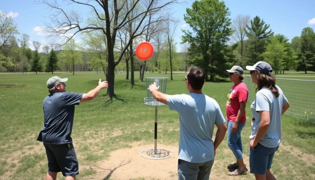 Disc golf players at Codorus State Park's 54-hole course surrounded by trees Disc golf players at Codorus State Park's 54-hole course surrounded by trees