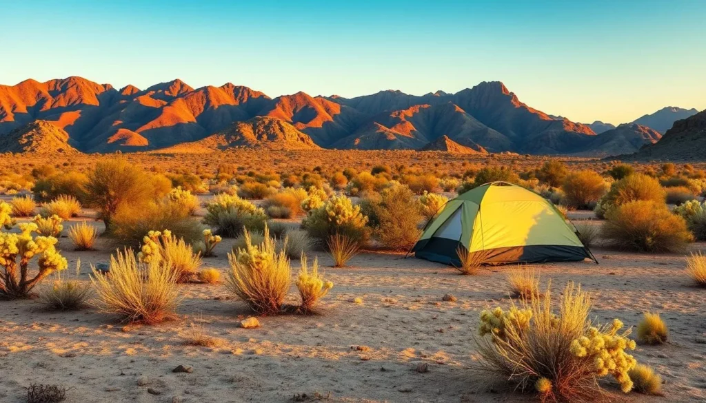 Dispersed camping site in Kofa National Wildlife Refuge with tent and mountains in background Dispersed camping site in Kofa National Wildlife Refuge with tent and mountains in background
