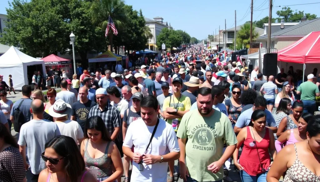 Diverse crowd enjoying music and food at the Bayou Boogaloo festival along the waterway Diverse crowd enjoying music and food at the Bayou Boogaloo festival along the waterway