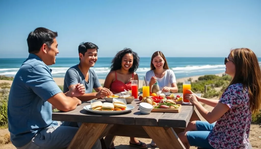 Diverse family enjoying a picnic at Pelican State Beach California