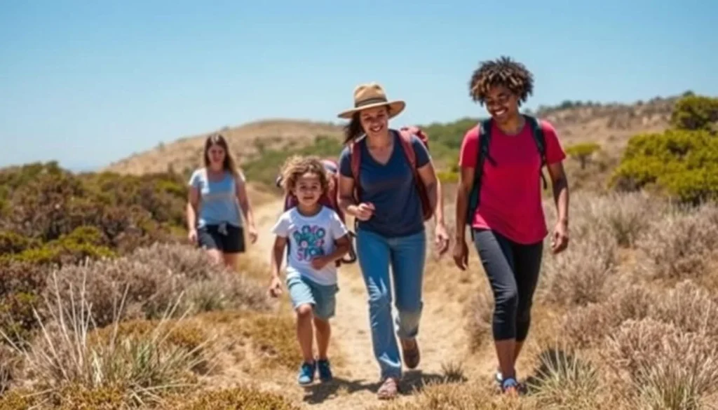 Diverse family hiking on nature trails at McGrath State Beach California Diverse family hiking on nature trails at McGrath State Beach California
