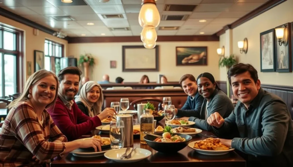 Diverse group enjoying a meal at a local restaurant in McCandless with delicious food on the table Diverse group enjoying a meal at a local restaurant in McCandless with delicious food on the table
