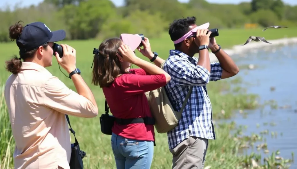 Diverse group of birdwatchers with binoculars at Bayou Macon Louisiana Diverse group of birdwatchers with binoculars at Bayou Macon Louisiana