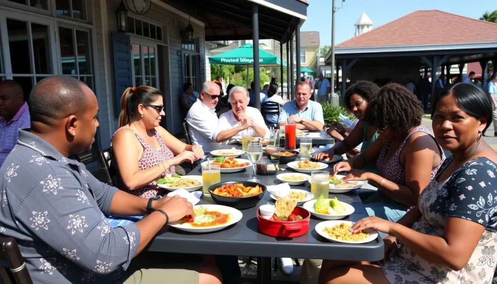Diverse group of diners enjoying outdoor seating at a popular Bayou St. John restaurant with colorful dishes Diverse group of diners enjoying outdoor seating at a popular Bayou St. John restaurant with colorful dishes