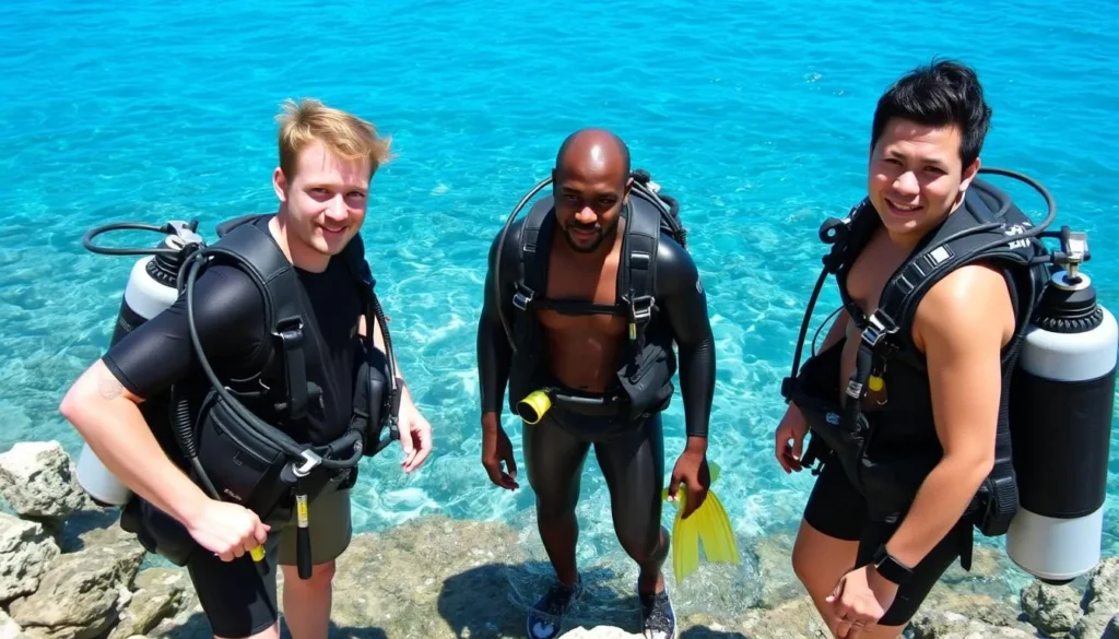 Diverse group of divers preparing to enter the water at a dive site near Playa Giron Diverse group of divers preparing to enter the water at a dive site near Playa Giron