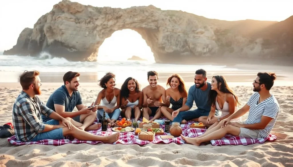 Diverse group of friends enjoying a picnic at Pfeiffer Beach with Keyhole Arch visible in background