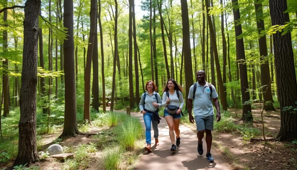 Diverse group of hikers enjoying a trail at Hidden Springs State Park Illinois Diverse group of hikers enjoying a trail at Hidden Springs State Park Illinois