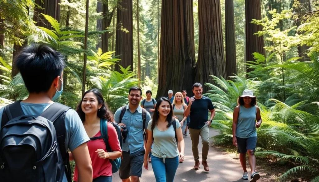 Diverse group of hikers enjoying the Montgomery Trail in Montgomery Woods State Natural Reserve California Diverse group of hikers enjoying the Montgomery Trail in Montgomery Woods State Natural Reserve California