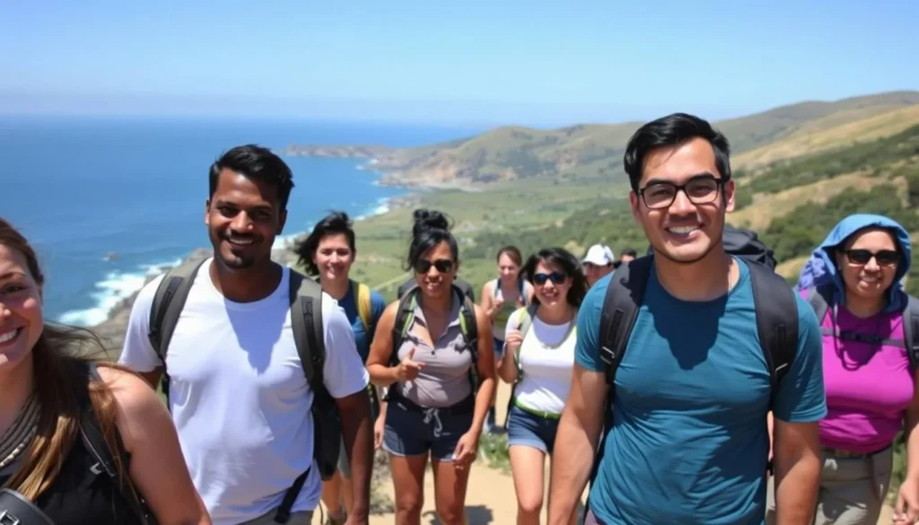 Diverse group of hikers enjoying the Point Sal trail with ocean views Diverse group of hikers enjoying the Point Sal trail with ocean views