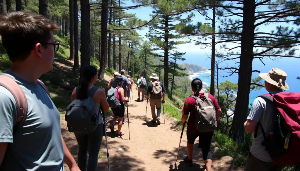 Diverse group of hikers enjoying the trails at Jug Handle State Natural Reserve Diverse group of hikers enjoying the trails at Jug Handle State Natural Reserve