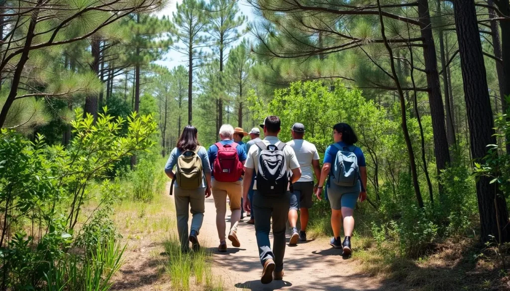 Diverse group of hikers exploring Abita Creek Flatwoods Preserve Louisiana Diverse group of hikers exploring Abita Creek Flatwoods Preserve Louisiana