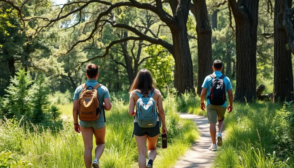 Diverse group of hikers exploring a nature trail at Caswell Memorial State Park Diverse group of hikers exploring a nature trail at Caswell Memorial State Park