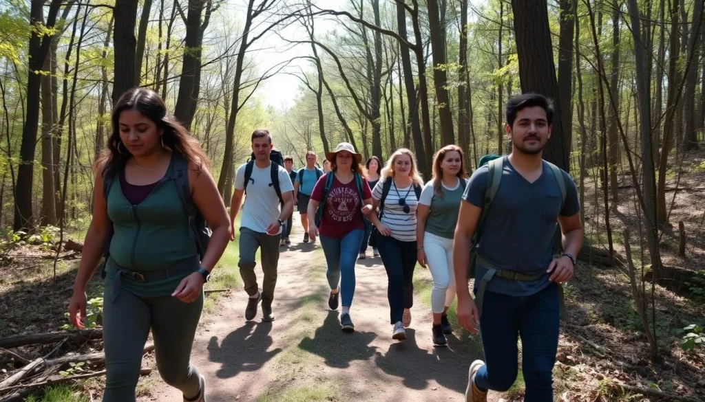 Diverse group of hikers exploring a trail at Devil's Island State Park Illinois