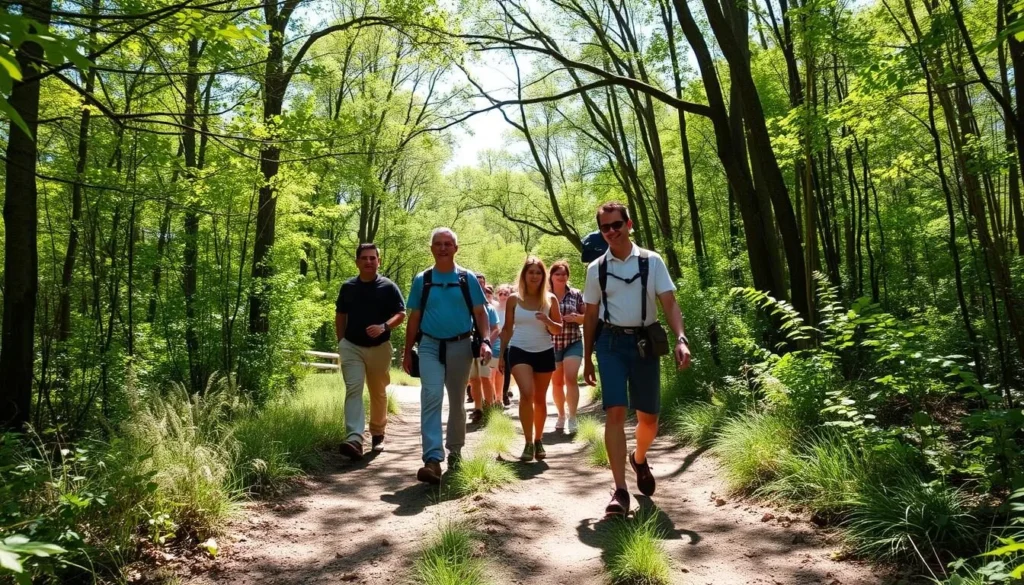 Diverse group of hikers exploring a trail at Frank Holten State Park Diverse group of hikers exploring a trail at Frank Holten State Park