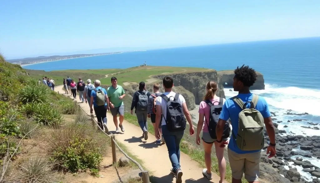 Diverse group of hikers on West Cliff Multi-Use Trail near Natural Bridges State Beach Santa Cruz California Diverse group of hikers on West Cliff Multi-Use Trail near Natural Bridges State Beach Santa Cruz California