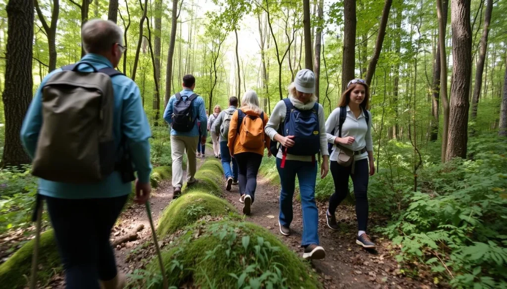 Diverse group of hikers on a trail in Nolde Forest following proper trail etiquette Diverse group of hikers on a trail in Nolde Forest following proper trail etiquette