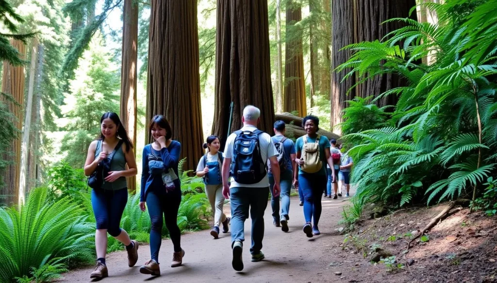 Diverse group of hikers on a trail surrounded by massive redwoods and ferns Diverse group of hikers on a trail surrounded by massive redwoods and ferns