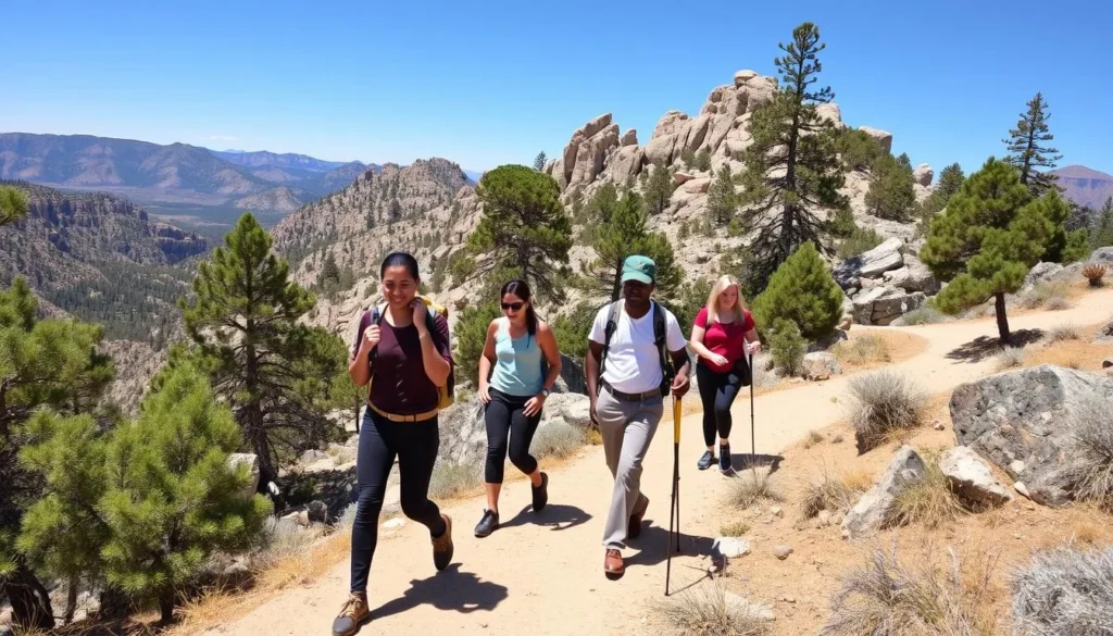 Diverse group of hikers on the Aspen Peak Trail in Hualapai Mountains with scenic mountain views Diverse group of hikers on the Aspen Peak Trail in Hualapai Mountains with scenic mountain views