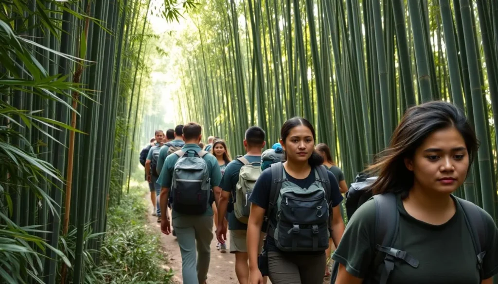 Diverse group of hikers trekking through Mount Elgon's bamboo forest zone