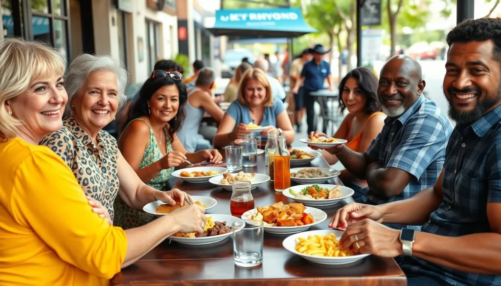 Diverse group of people enjoying a meal at an outdoor restaurant in Richmond Victoria following local dining customs Diverse group of people enjoying a meal at an outdoor restaurant in Richmond Victoria following local dining customs