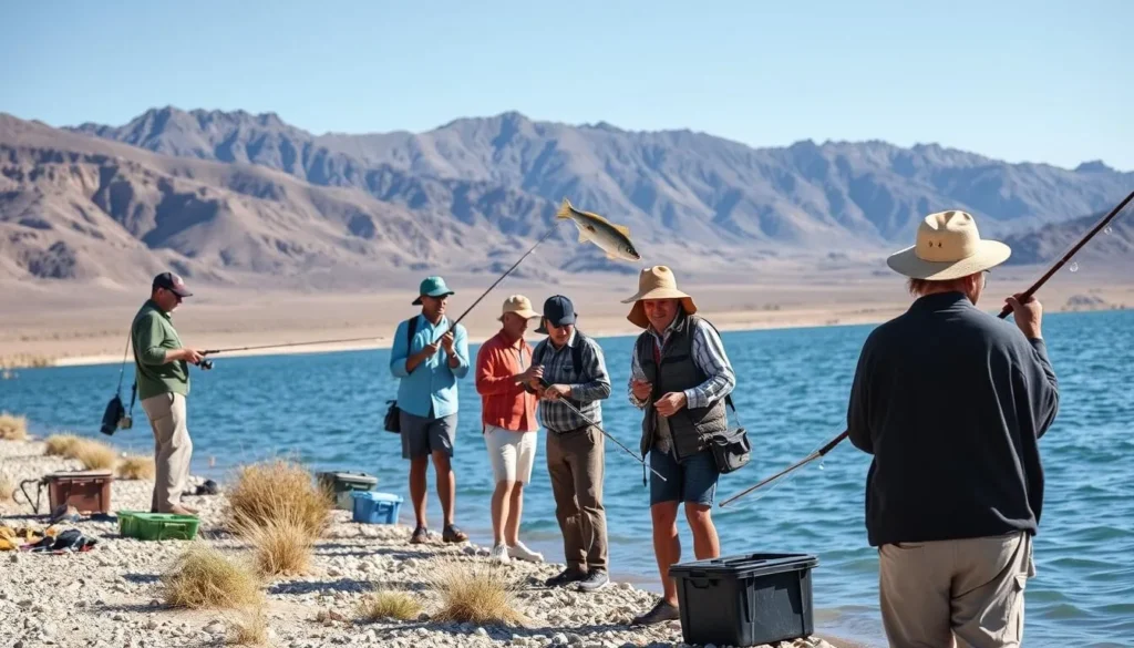 Diverse group of people fishing from the shore of Elephant Butte Lake Diverse group of people fishing from the shore of Elephant Butte Lake