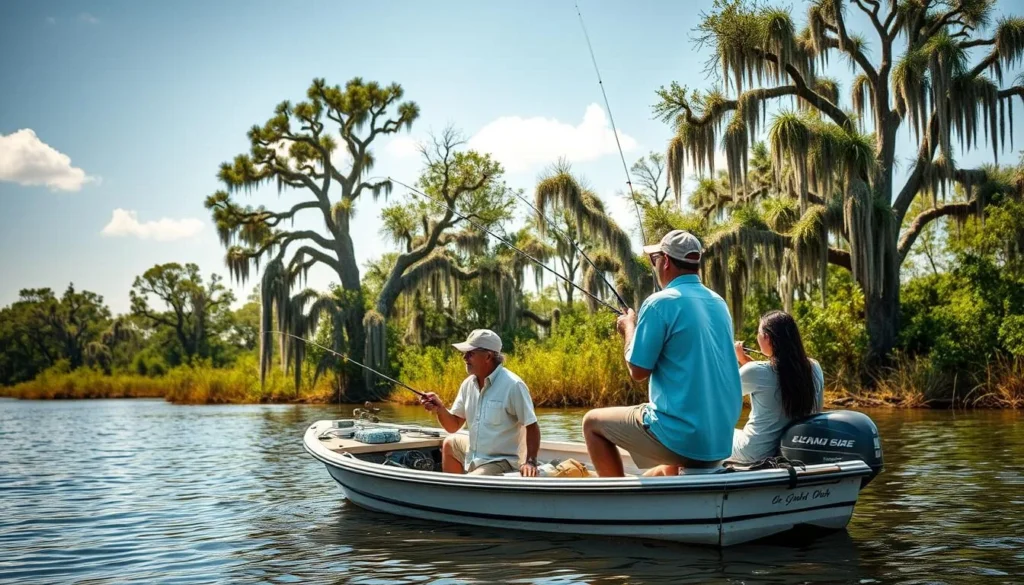 Diverse group of people fishing on Bayou Bartholomew Louisiana with cypress trees in background Diverse group of people fishing on Bayou Bartholomew Louisiana with cypress trees in background