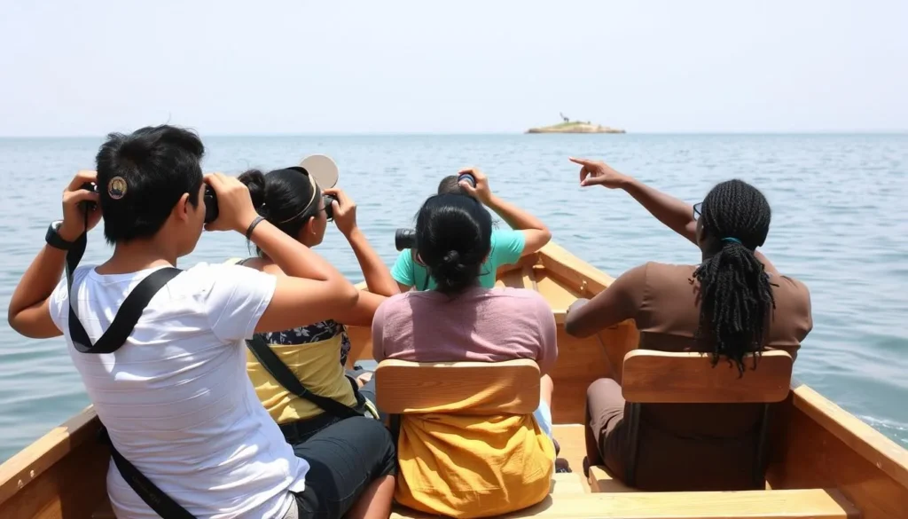 Diverse group of tourists birdwatching on a boat tour of Lake Ziway