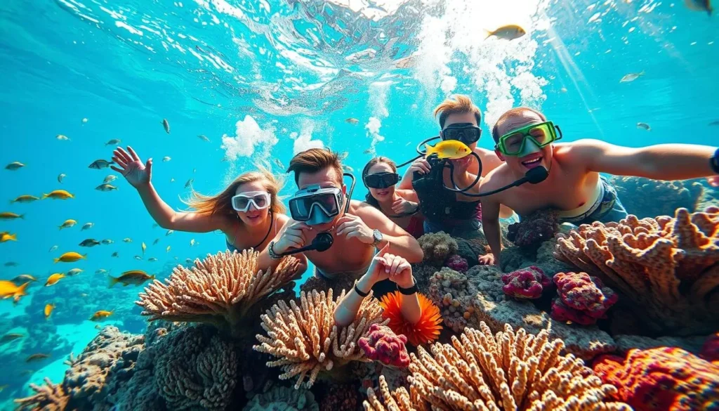 Diverse group of tourists diving at Ras Mohammed National Park coral reef in Sharm El-Sheikh