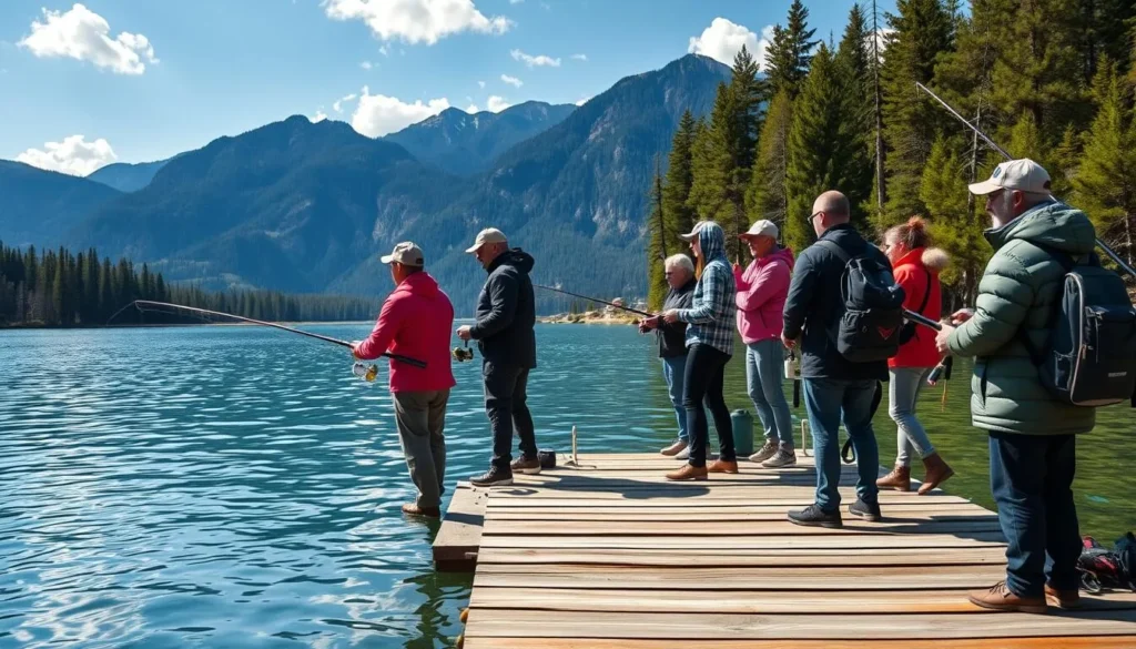 Diverse group of tourists fishing on Lake Verkhne-Tulun