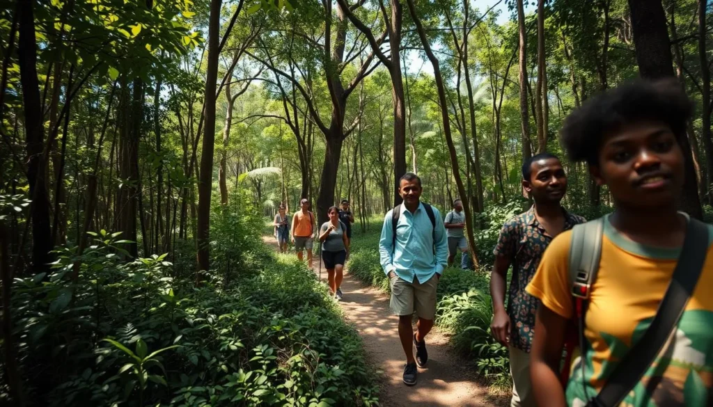 Diverse group of tourists hiking on a forest trail on Rema Island, Ethiopia