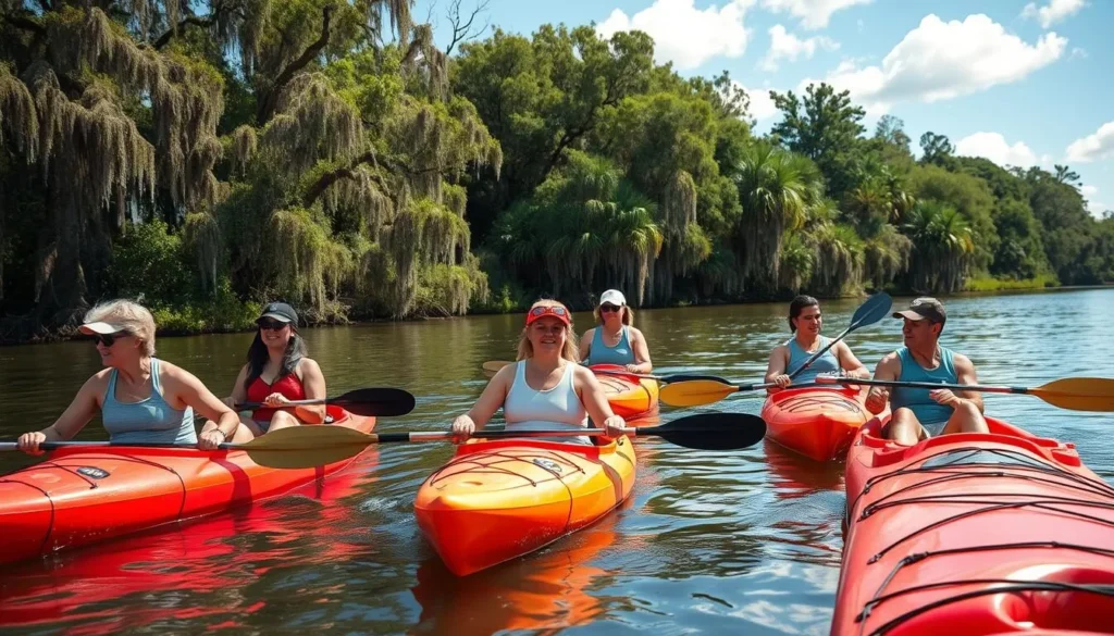 Diverse group of tourists kayaking on Bayou Bartholomew Louisiana exploring the waterway Diverse group of tourists kayaking on Bayou Bartholomew Louisiana exploring the waterway