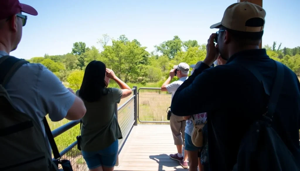 Diverse group of tourists observing wildlife at Horseshoe Lake from a viewing platform Diverse group of tourists observing wildlife at Horseshoe Lake from a viewing platform