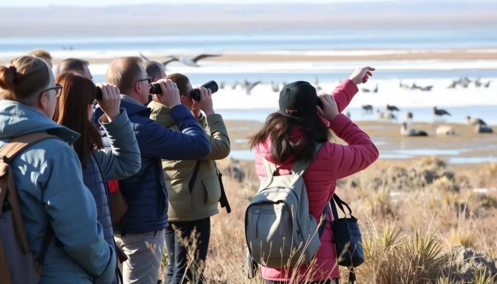 Diverse group of tourists observing wildlife near the shores of Lake Timur