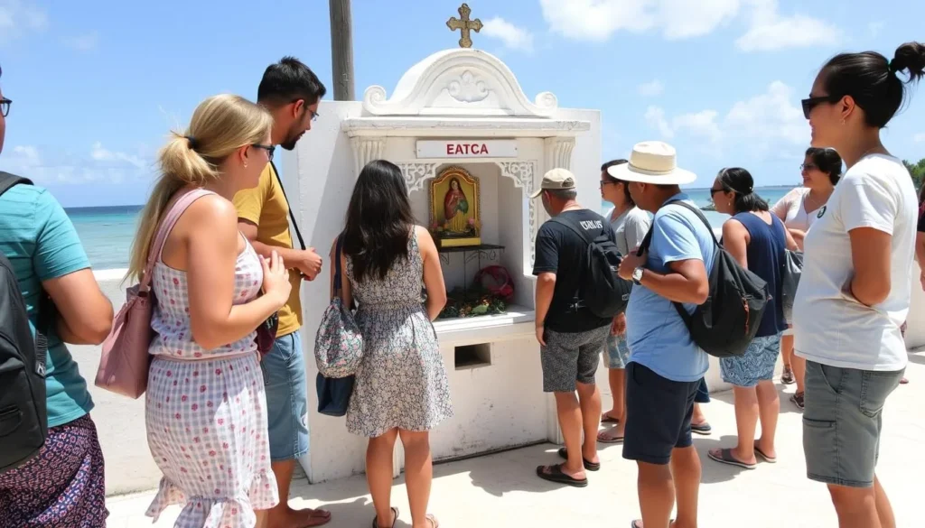 Diverse group of tourists respectfully observing local customs at a small shrine on Isla Mujeres Diverse group of tourists respectfully observing local customs at a small shrine on Isla Mujeres