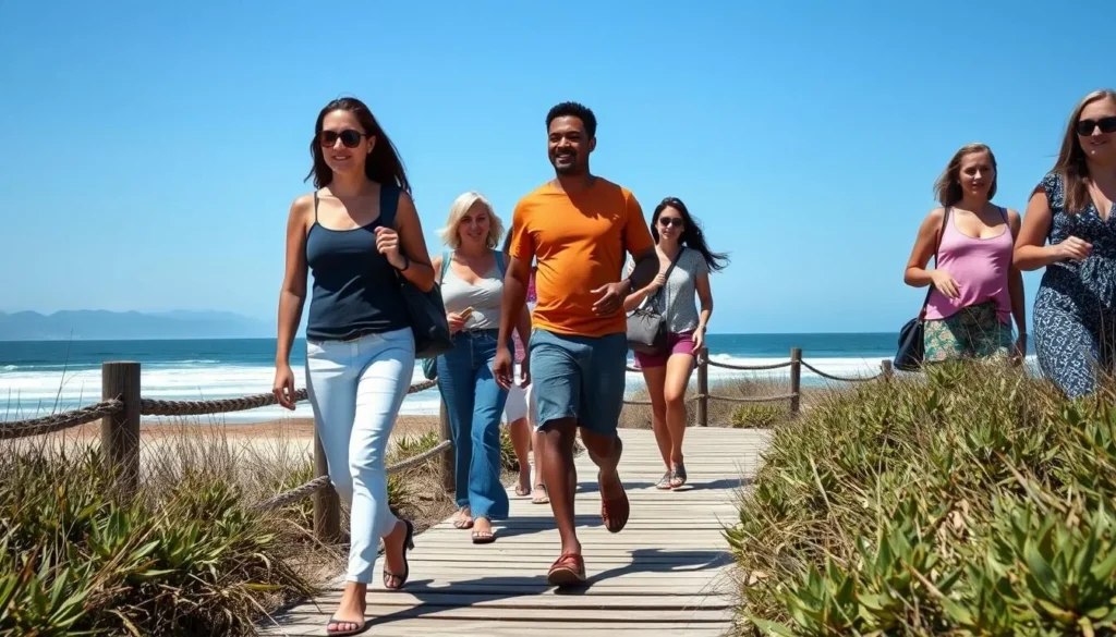 Diverse group of tourists walking along a beachfront boardwalk at Pismo State Beach with the ocean in the background Diverse group of tourists walking along a beachfront boardwalk at Pismo State Beach with the ocean in the background