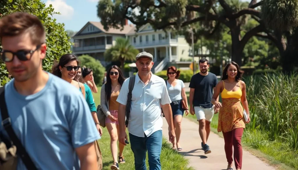 Diverse group of tourists walking along the scenic paths of Bayou St. John on a sunny day Diverse group of tourists walking along the scenic paths of Bayou St. John on a sunny day