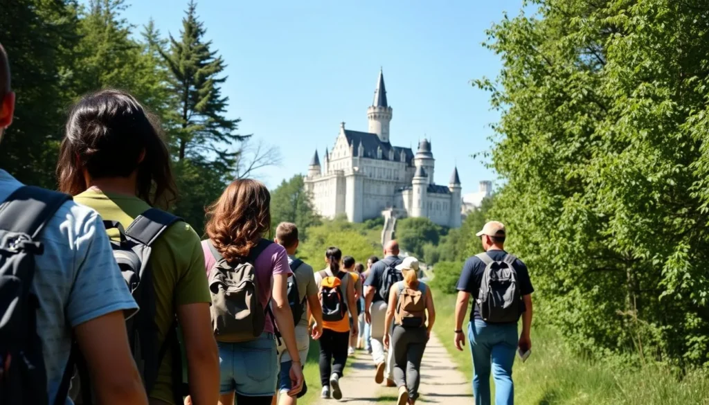 Diverse group of tourists walking on the path to Neuschwanstein Castle