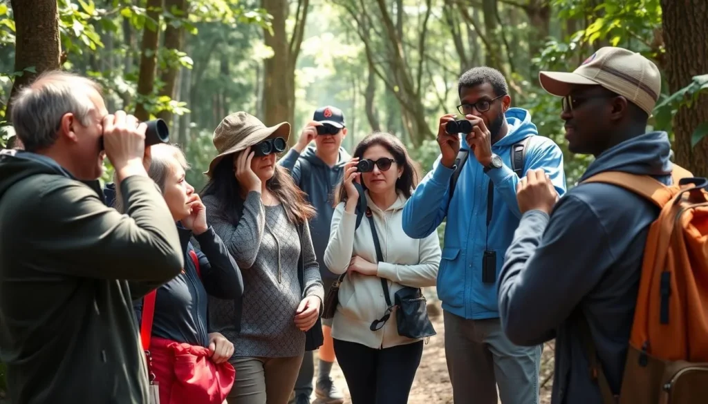 Diverse group of travelers on a guided wildlife watching tour in the Kanuku Mountains spotting colorful birds Diverse group of travelers on a guided wildlife watching tour in the Kanuku Mountains spotting colorful birds