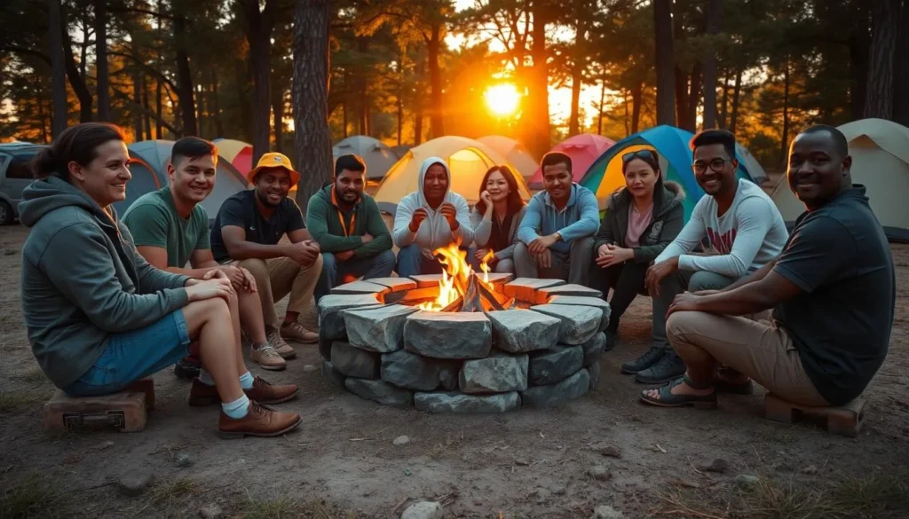 Diverse group of visitors enjoying a campfire at Parker Dam State Park campground