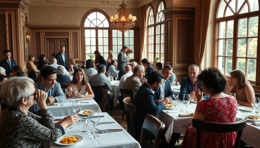 Diverse group of visitors enjoying a meal at a restaurant near the Leland Stanford Mansion Diverse group of visitors enjoying a meal at a restaurant near the Leland Stanford Mansion